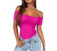 REORIA Womens Sexy Casual Off The Shoulder Short Sleeve Backless Going Out Double Lined Fitted Thong Bodysuit Tops Pink Glo Medium