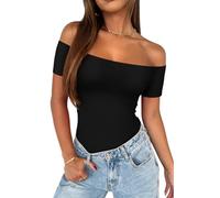 REORIA Womens Sexy Casual Off The Shoulder Short Sleeve Backless Going Out Double Lined Fitted Thong Bodysuit Tops Black Onyx Small
