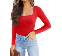 REORIA Womens Sexy Square Neck Double Lined Long Sleeve Bodysuit Tops Jumpsuits Red L