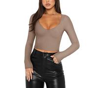 REORIA Women's Sexy Trendy V Neck Long Sleeve Slim Fitted Tshirts Fall Going Out Party Causal Basic Y2k Crop Tops Khaki Medium