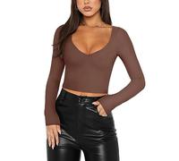 REORIA Women's Sexy V Neck Long Sleeve Slim Fitted Cropped Tshirts Fall Fashion Going Out Party Cute Crop Tops Plus Size Coffee X-Large