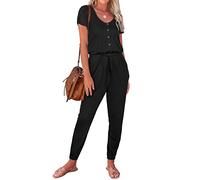 REORIA Women's Summer Casual Jumpsuit Plain Scoop Neck Button Down Bud Sleeve Rompers With Pockets Black XL