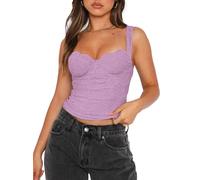 REORIA Women's Summer Fashion Sexy Square Neck Sleeveless Cute Trendy Going Out Lace Bustier Crop Tank Tops Violet X-Small