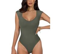 REORIA Women's Summer Sexy Casual V Neck Double Lined Seamless Sleeveless Slimming One Piece Leotards Going Out Trendy Tank Top Tees Thong Bodysuits Grey Green Small