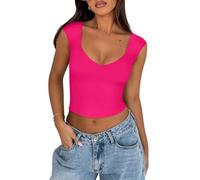 REORIA Women's Summer Sexy Fashion Casual V Neck Double Lined Seamless Sleeveless Slimming Going Out Trendy Basic Crop Tank Top Plus Size Neon Rose Red X-Large