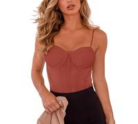 REORIA Women's Summer Sexy Mesh Sheer Spaghetti Strap Backless Going out Slimming Bustier Corset Leotards Tummy Control Bodysuit Tank Top With Built In Bra (Rusty Red Medium)