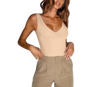 REORIA Women's Summer Sexy Plunge Deep V Neck Sleeveless Double Lined One Piece Tank Tops Thong Bodysuits Leotards for Going Out Nude XLarge
