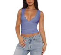 REORIA Womens Summer Tops Sexy V-Neck Sleeveless Double Lined Fashion Going Out Y2K Tank Tops Trendy Lace Slimming Crop Tops for Teen Girls Blue Nova Large