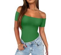 REORIA Womens Summer Trendy Off The Shoulder Short Sleeve Backless Basic Going Out Double Lined Thong Bodysuit Tops Kelly Green X-Large