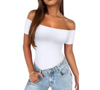 REORIA Womens Summer Trendy Off The Shoulder Short Sleeve Backless Basic Going Out Double Lined Thong Bodysuit Tops Brilliant White XX-Large