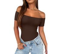 REORIA Womens Summer Trendy Off The Shoulder Short Sleeve Backless Basic Going Out Double Lined Thong Bodysuit Tops Shaved Chocolate X-Large