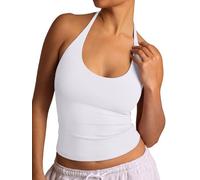 REORIA Women's Tie Halter Tank Tops Basic Scoop Neck Backless Double Lined Going Out Outfits Cute Summer Trendy Sleeveless Shirts White