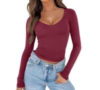 REORIA Women's V Neck Long Sleeve Slim Fitted Basic Shirt Deep Red XS