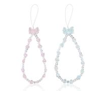Reownest 2 Pack Phone Lanyard Charm Set - Cute Sparkling Crystal Bowknot Love Beaded Chain, Aesthetic Wrist Strap for Women Girls, Multi-Purpose Cellphone Bag Key Accessory - Blue,Pink