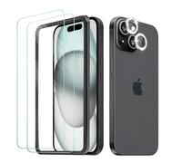 Reownest 2 Pack Screen Protector for iPhone 15 Plus with 1 Pack Camera Lens Protector Bling, HD Clear 9H Hardness Tempered Glass Film Camera Lens Cover Glitter Accessories Case Friendly-Silver