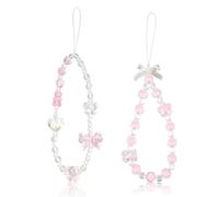 Reownest 2 PCS Mobile Phone Charm Beaded Bracelet Strap- Cute Crystal Pearl Flower Aesthetic Keychain Phone Wrist Strap for Girls Women Cellphone Accessory, Bag & Key Accessories(Pink)