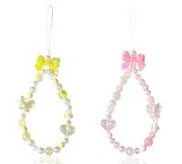 Reownest 2 PCS Phone Charm Bracelet, Cute Beaded Lanyard Strap with Butterfly Bow Heart, Aesthetic Chain Keychain Wrist Straps for Teen Girls & Women -Pink, Yellow