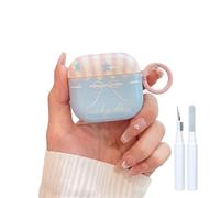 Reownest Compatible for AirPods 4 Case with Cleaner Kit, Cute Bow Pattern Pink Striped Star Aesthetic Design for Girls Women Shockproof Keychain Cover for AirPods 4th Generation -Blue