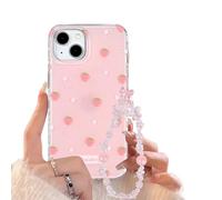 Reownest for iPhone 15 Case with Cute Bling Pink Strawberry Flower Pattern Aesthetic Floral Girly Cover, Soft TPU Bumper Protective Phone Cases for Women Girls + Beaded Bow Chain
