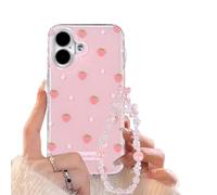Reownest for iPhone 16 Case with Cute Bling Pink Strawberry Flower Pattern Aesthetic Floral Girly Cover, Soft TPU Bumper Protective Phone Cases for Women Girls + Beaded Bow Chain