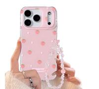 Reownest for iPhone 17 Pro Max Case with Cute Bling Pink Strawberry Flower Pattern Aesthetic Floral Girly Cover, Soft TPU Bumper Protective Phone Cases for Women Girls + Beaded Bow Chain