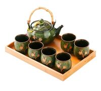 REOWONU Traditional Japanese tea set, Kiln altered glaze Porcelain tea set with 1 Teapot, 6 Tea cups, 1 Tea Tray,Japanese teapot set, Asian tea sets (Kiln altered-Green)
