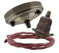 Repaireum Ltd. Large Vintage Styled Ceiling Pendant Kit incl. Antiqued Brass Finish Rose, E27 Bulb Holder and 3 Core Dusky Old Pink Braided Twisted Flex