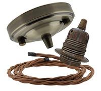 Repaireum Ltd. Large Vintage Styled Ceiling Pendant Kit in ntiqued Brass Finish Rose, E27 Bulb Holder and 3 Core Bronze Braided Twisted Flex