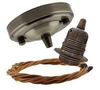Repaireum Ltd. Large Vintage Styled Ceiling Pendant Kit in ntiqued Brass Finish Rose, E27 Bulb Holder and 3 Core Antique Gold Braided Twisted Flex