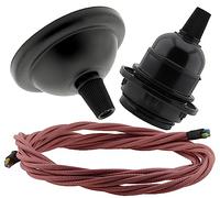 Repaireum Ltd. Traditional Styled Small Ceiling Pendant Light Kit incl. Matte Black Rose, E27 Lampholder and 3 Core Dusky Old Pink Braided Twisted Flex