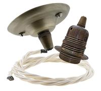 Repaireum Ltd. Vintage Styled Ceiling Pendant Kit incl. Antiqued Brass Finish Rose, E27 Bulb Holder and 3 Core Classic Ivory Braided Twisted Flex