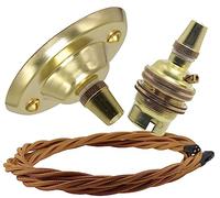 Repaireum Ltd. Vintage Styled Ceiling Pendant Kit incl. Polished Brass Effect Rose, B22 Bulb Holder and 3 Core Antique Gold Braided Twisted Flex