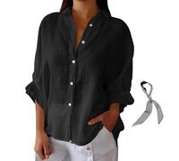 RePaLy Fashion Cotton and Linen Shirt,Womens Cotton Linen Button Down Shirt Casual Blouses 3/4 Sleeve,Tie Back Solid Color Shirts Loose Work Tops (Black,M)