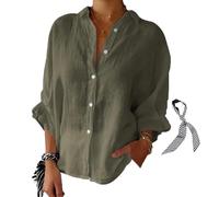 RePaLy Fashion Cotton and Linen Shirt,Womens Cotton Linen Button Down Shirt Casual Blouses 3/4 Sleeve,Tie Back Solid Color Shirts Loose Work Tops (ArmyGreen,3XL)