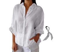 RePaLy Fashion Cotton and Linen Shirt,Womens Cotton Linen Button Down Shirt Casual Blouses 3/4 Sleeve,Tie Back Solid Color Shirts Loose Work Tops (White,3XL)