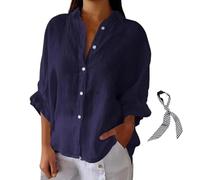 RePaLy Fashion Cotton and Linen Shirt,Womens Cotton Linen Button Down Shirt Casual Blouses 3/4 Sleeve,Tie Back Solid Color Shirts Loose Work Tops (Navy Blue,M)