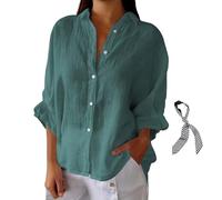 RePaLy Fashion Cotton and Linen Shirt,Womens Cotton Linen Button Down Shirt Casual Blouses 3/4 Sleeve,Tie Back Solid Color Shirts Loose Work Tops (Peacock,M)