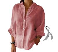 RePaLy Fashion Cotton and Linen Shirt,Womens Cotton Linen Button Down Shirt Casual Blouses 3/4 Sleeve,Tie Back Solid Color Shirts Loose Work Tops (Pink,3XL)