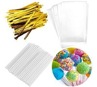 Repinsta 300PCS Lollipop Cake Pop Treat Bag Set - Gold Metallic Twist Ties, Paper Lollipop Sticks, Parcel Bags for Making Candies, Chocolates and Cookies