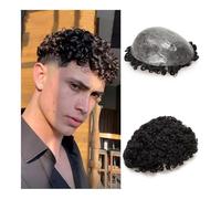 Replacement Afro Curly 0.12-0.14mm Full PU Thin Skin Injection Base with Scallop Front Men Toupee Hairpiece 15mm Curl Human Hair Replacement System Systems(7x9)
