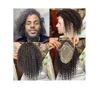 Replacement Afro Kinky Curly Toupee for Men 8×10 inch Base Male Hair Prosthesis Mono Lace with PU Mens Toupee 12" Long Human Hair Replacement System Systems