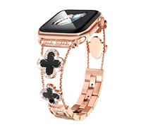 Replacement Straps for Apple Watch 44mm 42mm 40mm 38mm, Bling Women Crystal Rhinestone Adjustable Stainless Steel Four Leaf Clover Metal Bracelets for iWatch Series SE 7 8 6 5 4 3 2 1