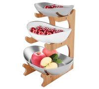 Repomanda 3-Tier Ceramic Fruit Bowl with Bamboo Stand - Large Kitchen Countertop Organizer for Fruits, Vegetables, Snacks & Bread - Yuanbao-Shaped