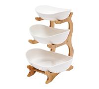 Repomanda 3-Tier Ceramic Fruit Bowl with Bamboo Stand - Large Kitchen Countertop Organizer for Fruits, Vegetables, Snacks & Bread - Yuanbao-Shaped, Anti-Slip ( White/ Earthy Color ) (White)