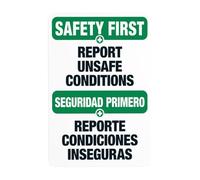Report unsafe conditions bilingual warning sign, slogan security metal signs for business home outdoor indoor road yard garage street wall safety caution custom decor 8×12 INCH