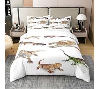 Reptile 100% Cotton Duvet Cover Leopard Gecko Bedding 100% Cotton Set for Kids Boys Girls Primitive Wildlife Animals Lizard Beige White Green Decor Quilt Cover Room 3Pcs King Size Zipper