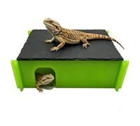 Reptile Basking Platform Hideout, Acrylic Snake Hide Cave with Natural Slate Rock, Terrarium Decor for Bearded Dragon Tank Accessories, Ball Python, Leopard Gecko, Tortoise & Chameleon (Medium Green)