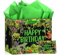 Reptile Happy Birthday Gift Bag for Boys Teens Jungle Swamp Gift Wrapping Bag with Tissue Paper Greeting Card Crocodile Themed Party Gifts Bag For Safari Animal Birthday Party Favors Supplies