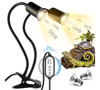 Reptile Heat Lamp, Double-Head Heat Lamp with Clamp, UVA UVB Reptile Light with Intelligent Cycle Timer for Turtle, Bearded Dragon, Lizard and More, 2 Bulbs 25W+50W