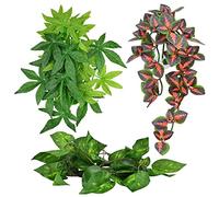 Reptile Plastic Plants Fish Tank Plants Artificial Aquarium Hanging Fake Green Leaves with Sucker Tortoise Plants for Enclosure Reptile Accessories 3PCS